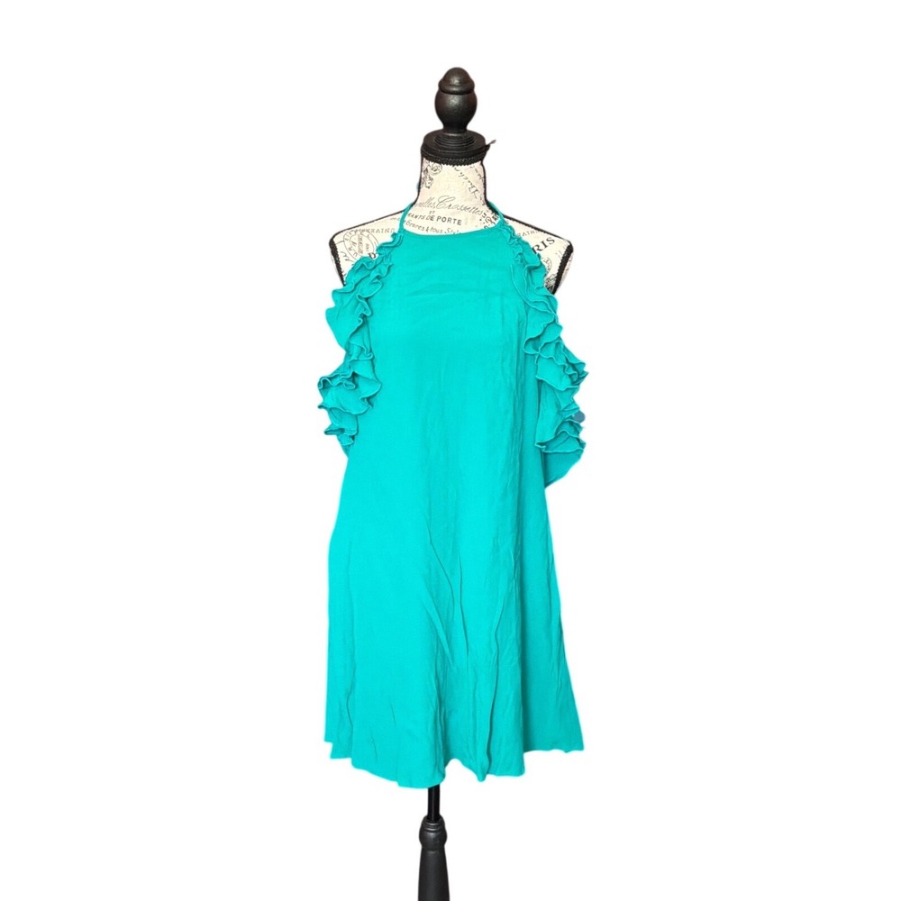 Umgee Teal Ruffle Cold Shoulder Halter Mini Dress C0629 Large Green Boho Swing